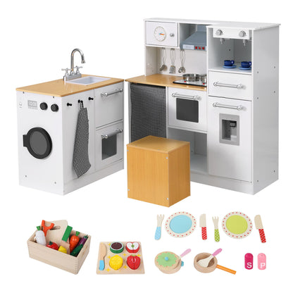 Keezi Kids Wooden Kitchen Playset 2-piece Pretend Toy Kitchen 29pc Food Set