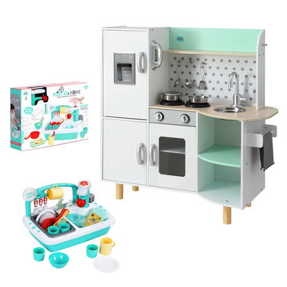 Keezi Kid Pretend Kitchen Wooden Play Sink Playset Dishwasher Toys Green