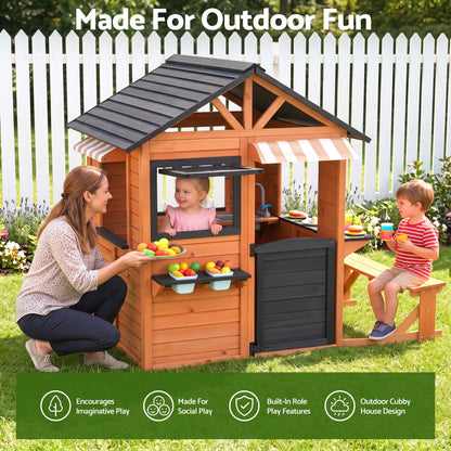 Keezi Kids Pretend Kitchen Wooden Cubby House Outdoor Playhouse Side Bench