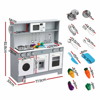 Keezi Wooden Play Kitchen Pretend Kitchen 82cm Kids Toy Food Set Grey