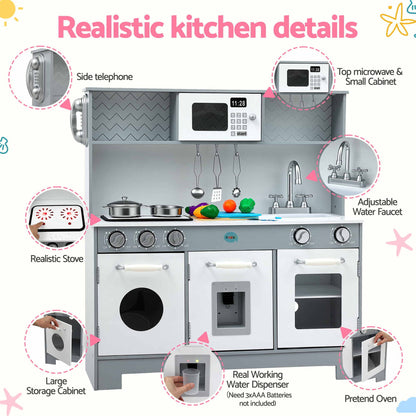 Keezi Wooden Play Kitchen Pretend Kitchen 82cm Kids Toy Food Set Grey