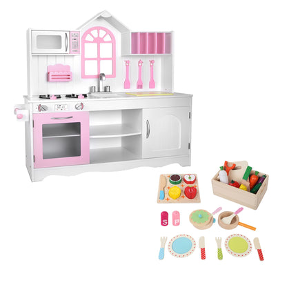 Keezi Wooden Kids Pretend Kitchen Playset with 29pc Food Set Pink White