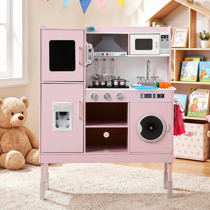 Keezi 102cm Wooden Pretend Kitchen Playset With Apron And Food Set1 Pink
