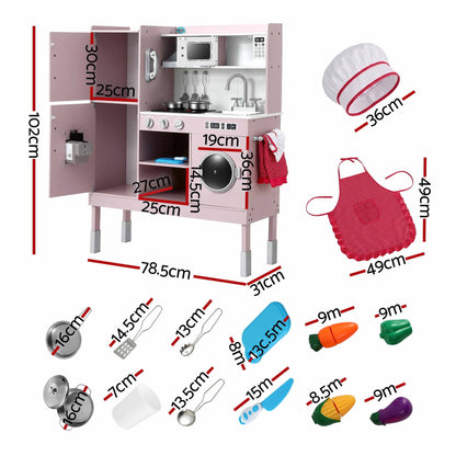 Keezi 102cm Wooden Pretend Kitchen Playset With Apron And Food Set1 Pink