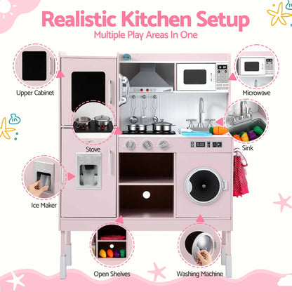 Keezi 102cm Wooden Pretend Kitchen Playset With Apron And Food Set1 Pink