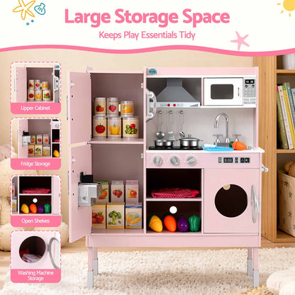 Keezi 102cm Wooden Pretend Kitchen Playset With Apron And Food Set1 Pink