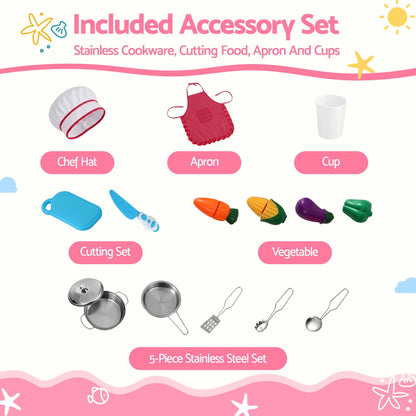 Keezi 102cm Wooden Pretend Kitchen Playset With Apron And Food Set1 Pink