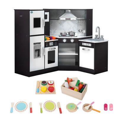 Keezi Kids Wooden Kitchen Playset 29pc Food Set Black White