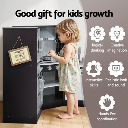 Keezi Kids Kitchen Play Set Wooden Pretend Cooking Playset w/Sounds Lights Black