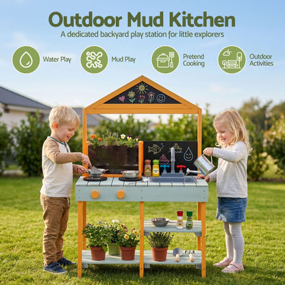 Keezi Kids Mud Kitchen Play Kitchen Toy Kitchen Set with Blackboard 110cm
