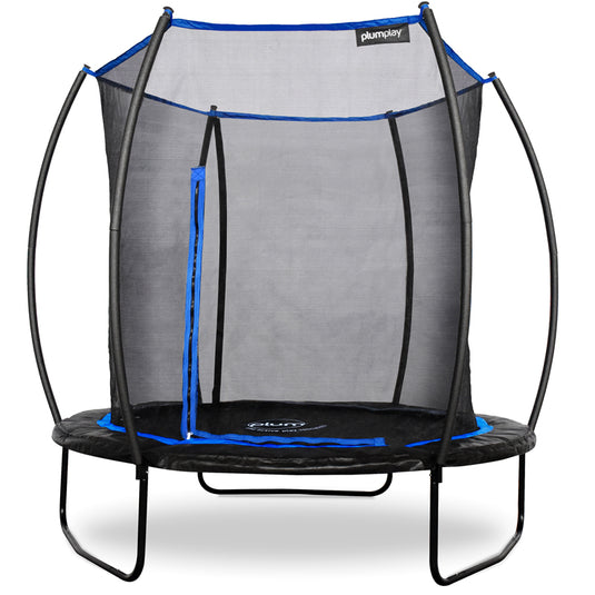 8ft trampoline with gray mesh enclosure and blue padded frame