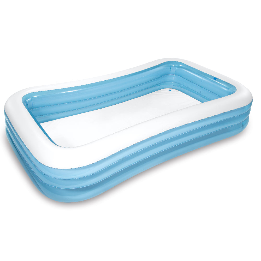 Rectangular inflatable family pool with blue walls and white frame, empty