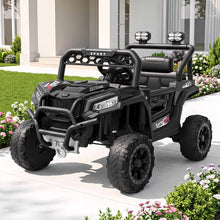 Black 12V kids electric ride-on jeep with front grille, bumper, and chunky off-road tires