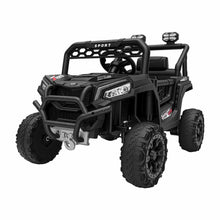 Black kids electric jeep ride-on with hood headlight, roll bar, and rear storage panel