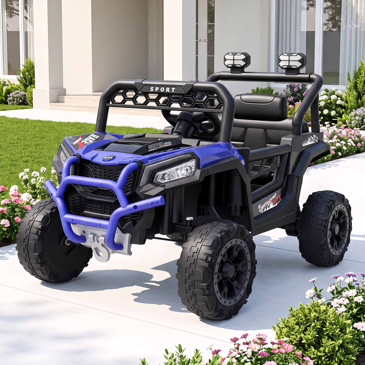 Blue kids electric ride-on jeep with black seats, steering wheel, and large rugged tires