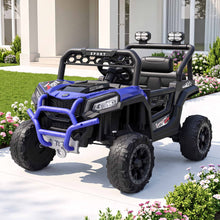 Blue kids electric ride-on jeep with black seats, steering wheel, and large rugged tires
