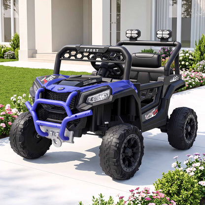 Blue kids electric ride-on jeep with black seats, steering wheel, and large rugged tires