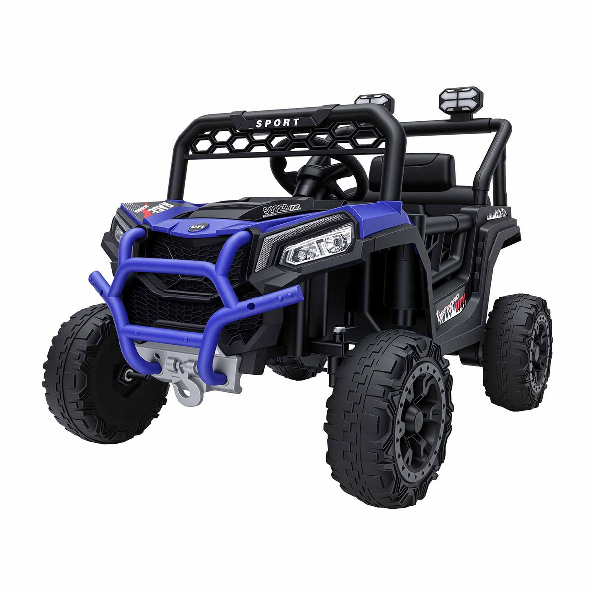 Blue and black electric ride-on jeep with steering wheel and four large tires