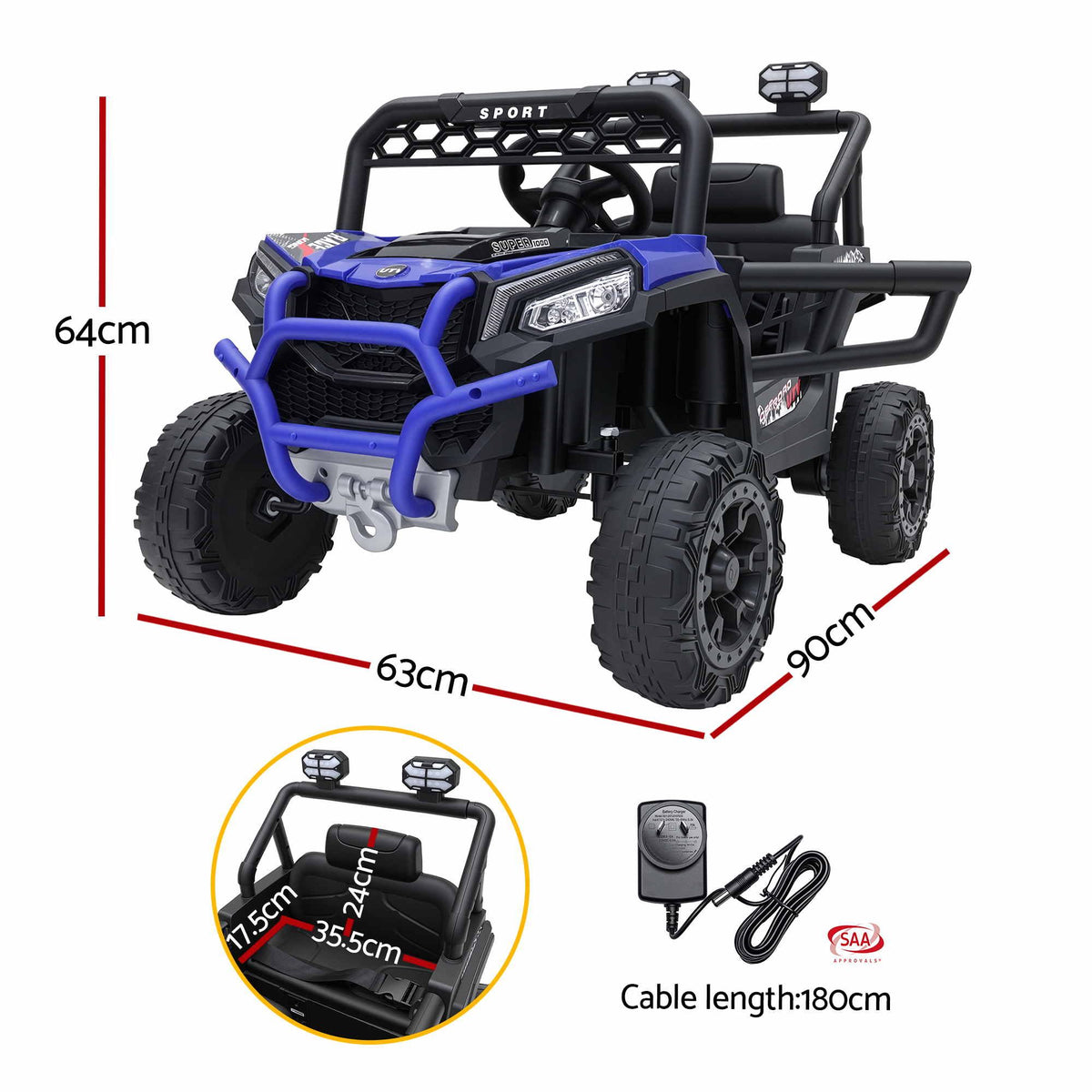Blue kids electric jeep with steering wheel, front grille guard, and four large tires