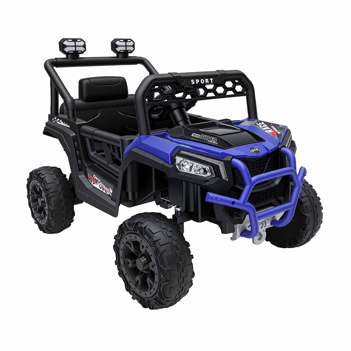 Blue and black ride-on jeep with front grille guard, headlights, and black padded seats
