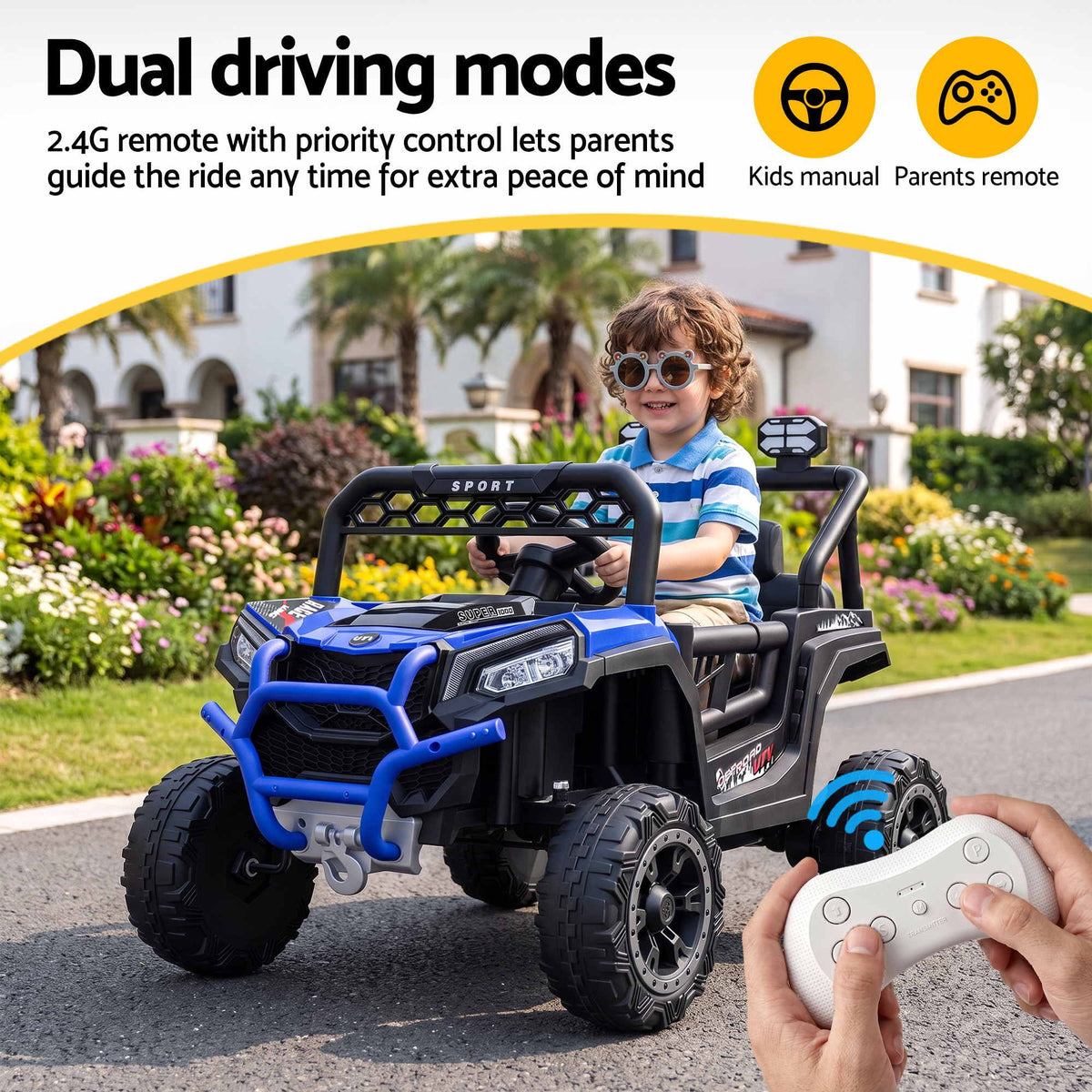 Kids electric ride-on jeep with steering wheel and black seats; parent holds remote