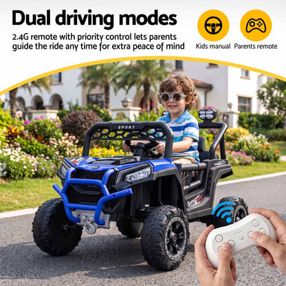 Kids electric ride-on jeep with steering wheel and black seats; parent holds remote