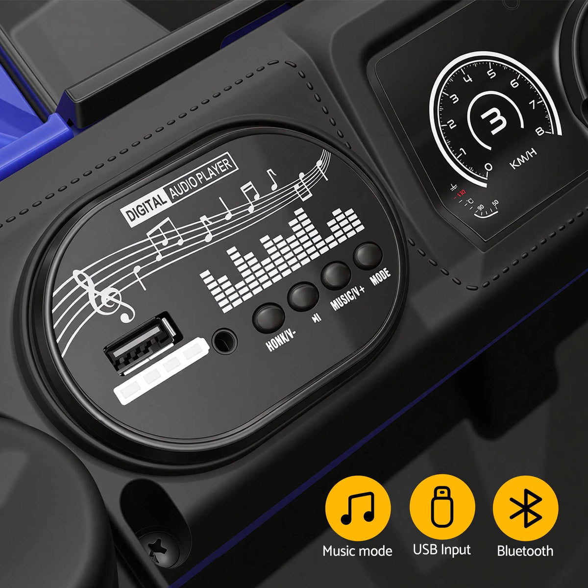 Electric jeep control panel with music player icons, USB input, Bluetooth, and speed dial