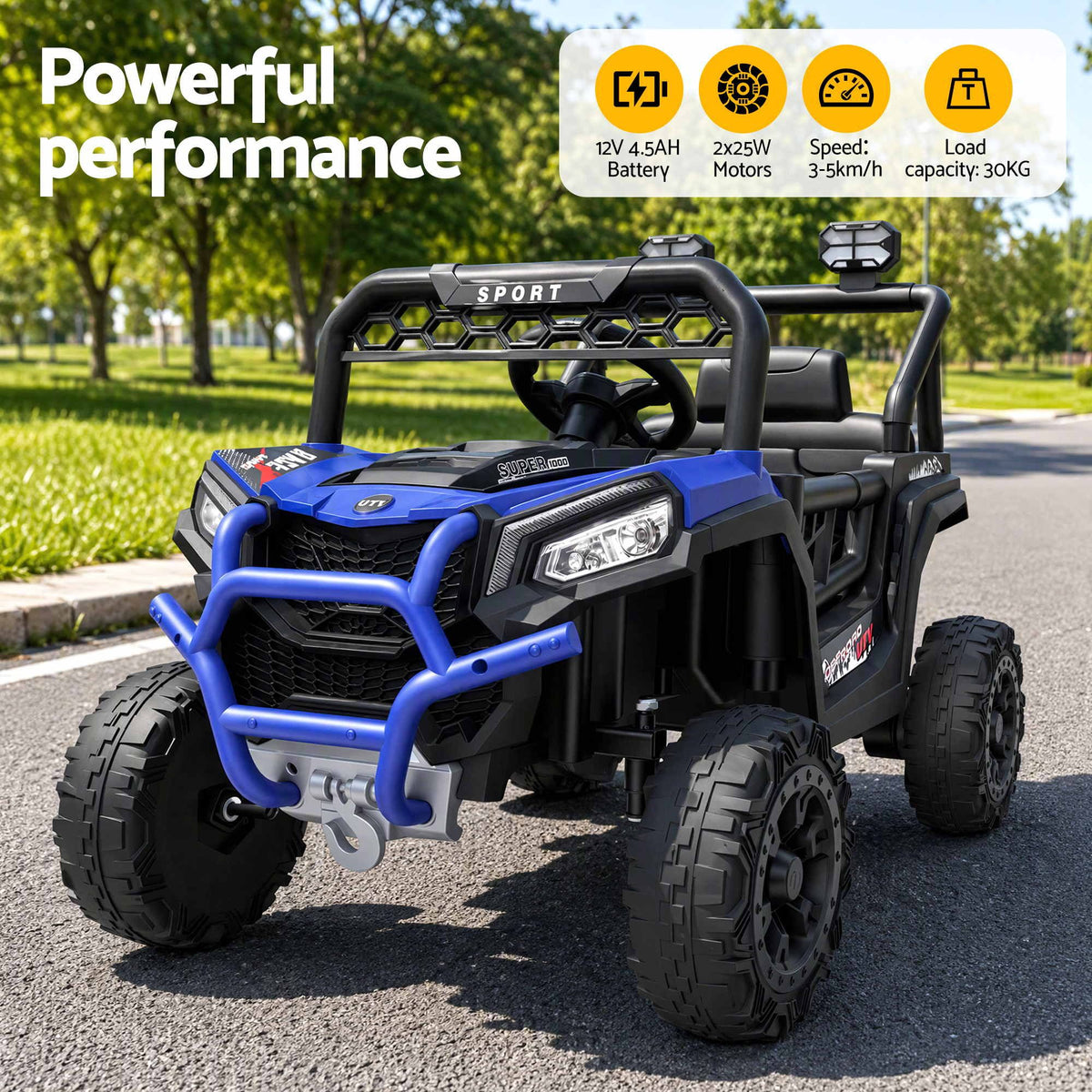 Blue kids electric ride-on jeep with LED headlights, bull bar, and black seatbacks