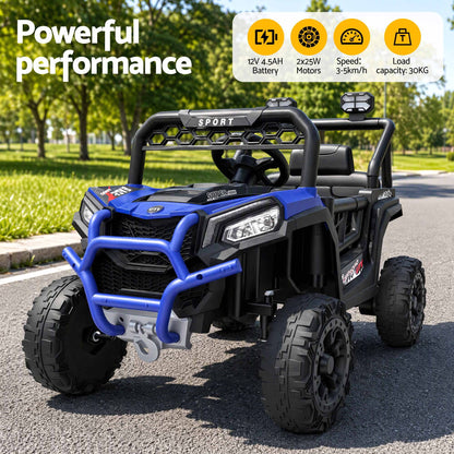 Blue kids electric ride-on jeep with LED headlights, bull bar, and black seatbacks