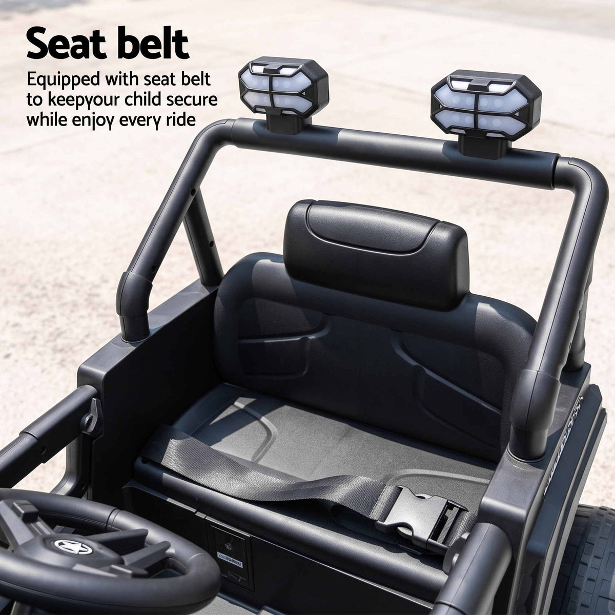Kids ride-on jeep seat with seat belt and black padded cushions