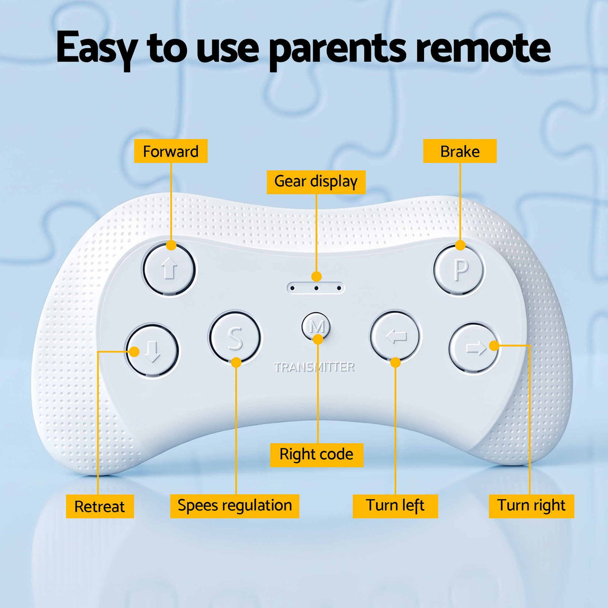 Parents remote control with buttons for forward, brake, turn left, and turn right