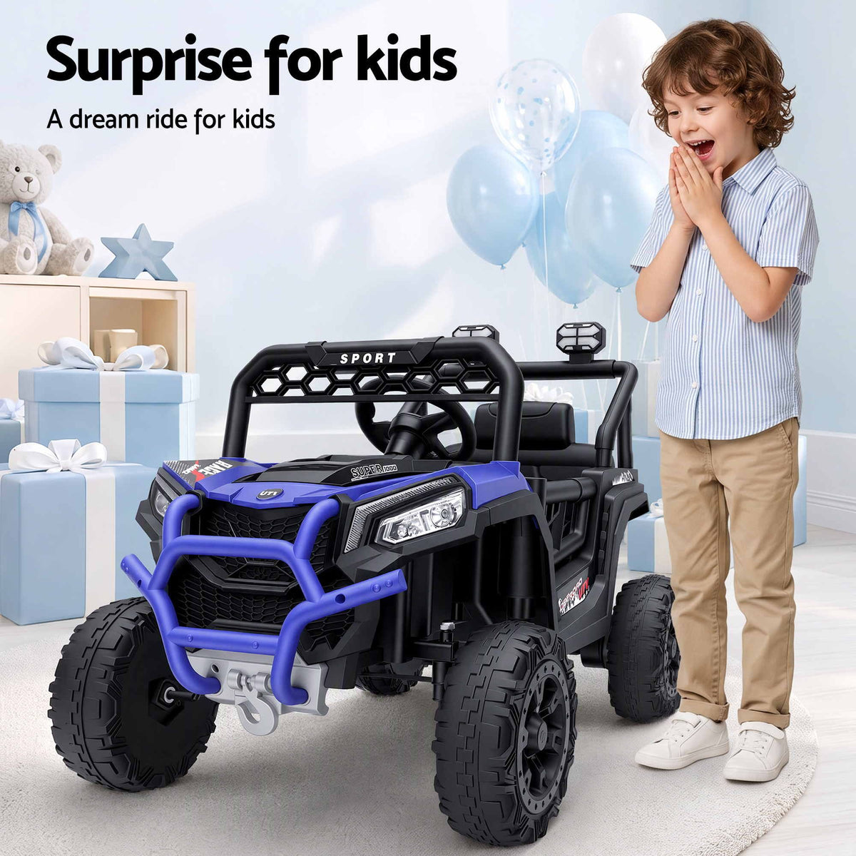 Rigo 12V kids electric ride-on jeep, blue and black, front view with headlights