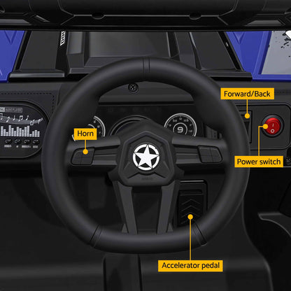 Rigo 12V kids electric jeep steering wheel and dashboard controls, power switch and pedals