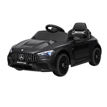 Black Mercedes-style kids electric ride-on car, front 3/4 view with LED headlights