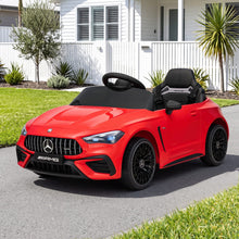 Red kids electric ride-on car with black wheels and open seat, front view