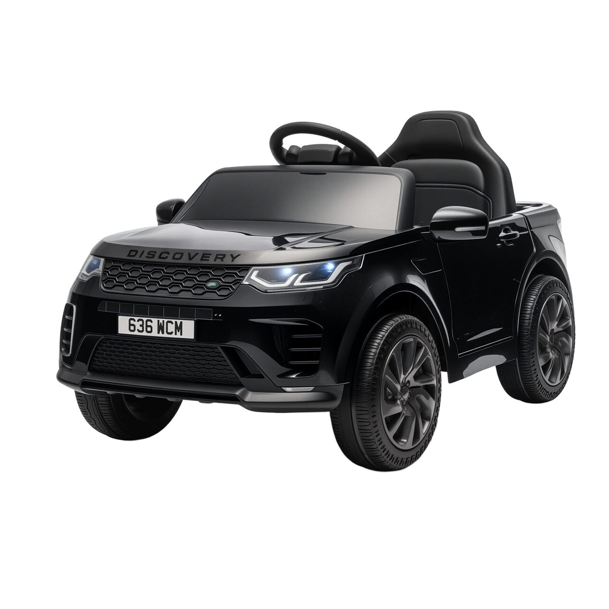 Black Land Rover Discovery kids' electric SUV, front three-quarter view