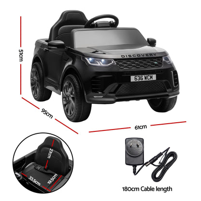 Ride-on SUV with size measurements, seat dimensions, and charging cable