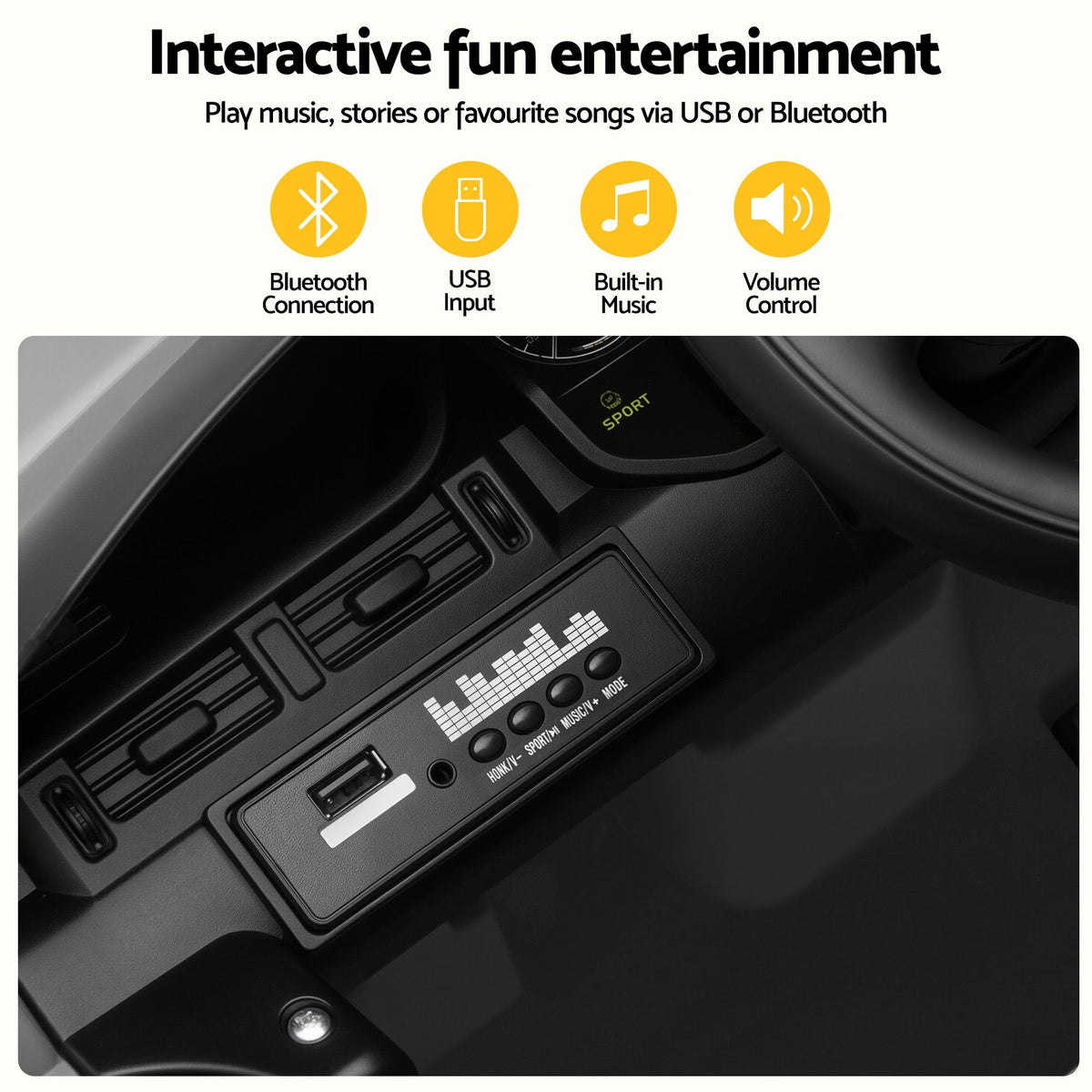 Ride-on SUV dashboard with USB port, music controls, and audio input