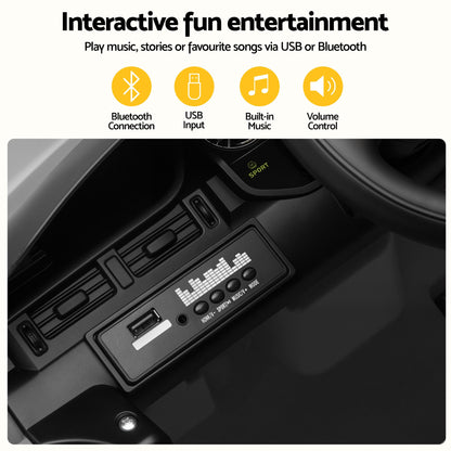 Ride-on SUV dashboard with USB port, music controls, and audio input