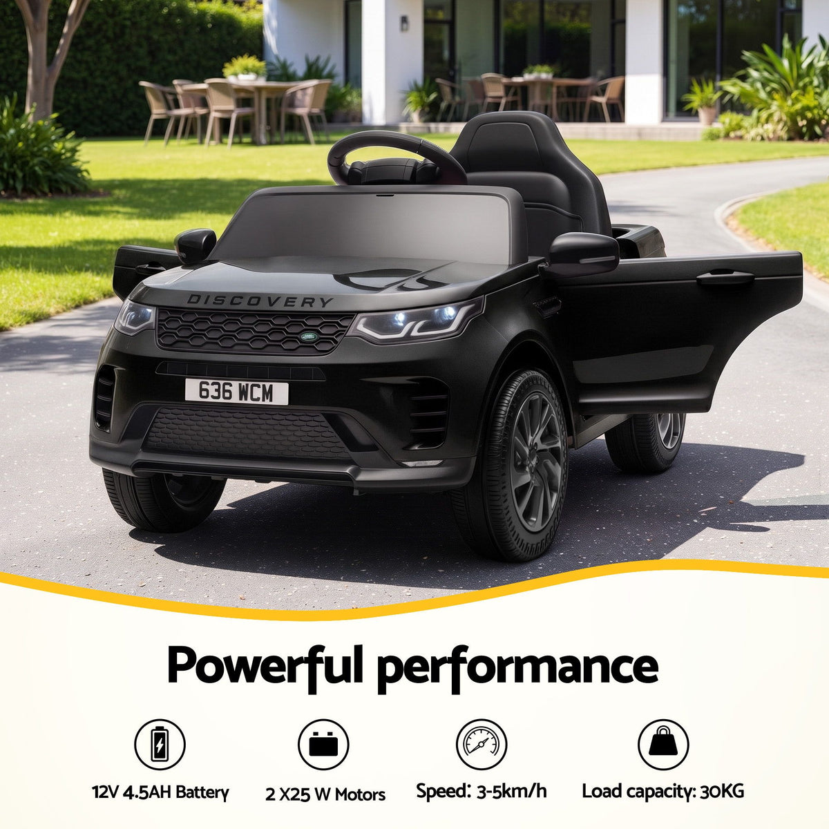 Black ride-on SUV with an open door and specifications for battery, motors, speed, and capacity