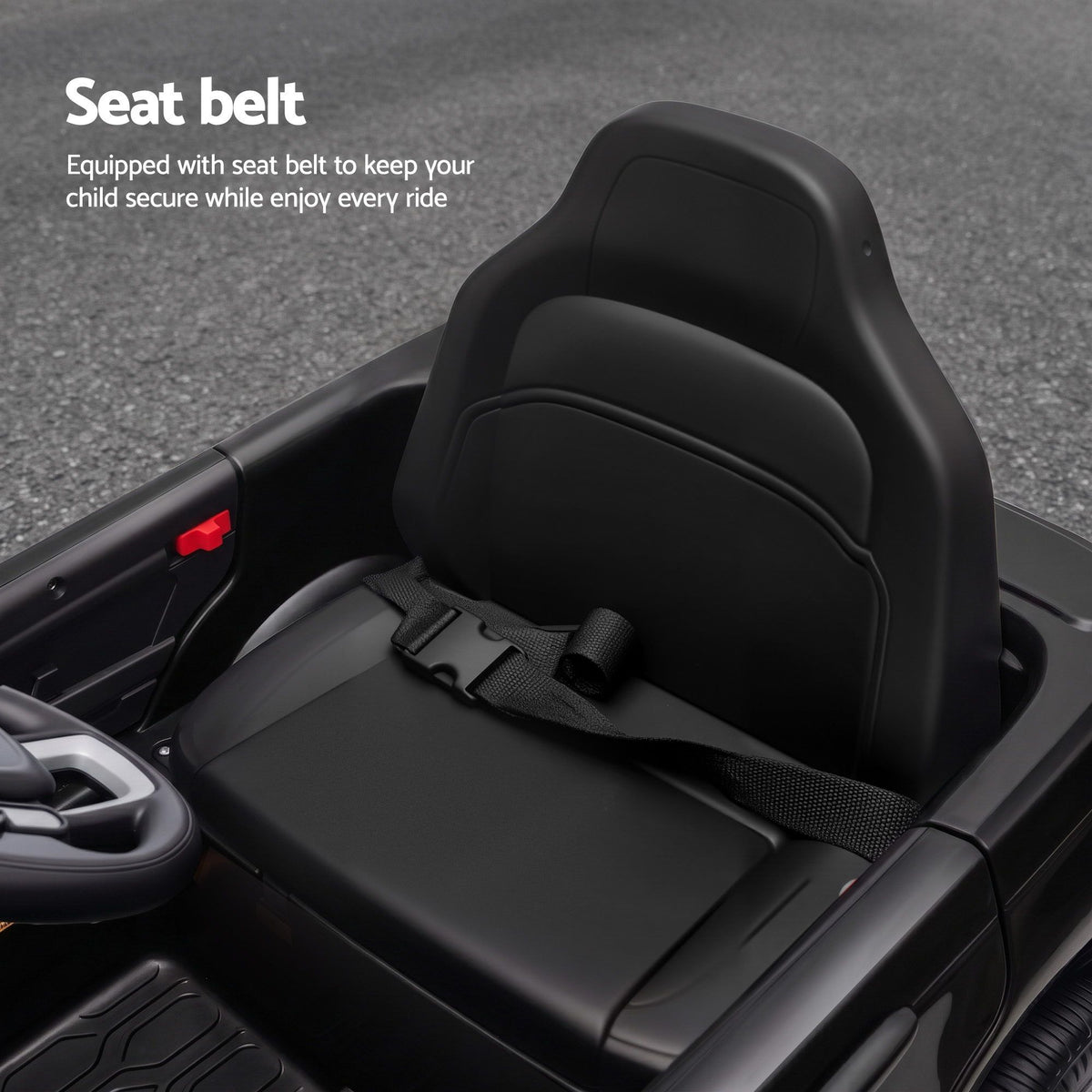 Ride-on SUV seat with lap belt and buckle