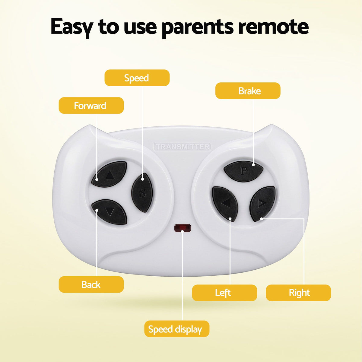 Parent remote control for ride-on SUV with forward, reverse, speed, brake, and steering buttons