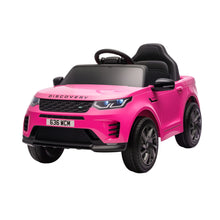 Pink Land Rover Discovery ride-on SUV with black seat, steering wheel, and four wheels