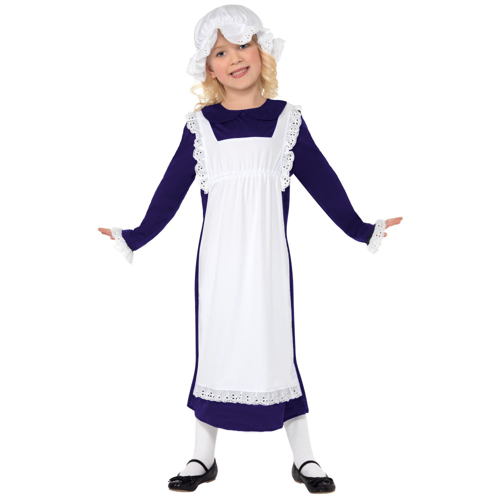 Victorian poor girl costume: white pinafore with lace trim, purple long-sleeve dress, bonnet