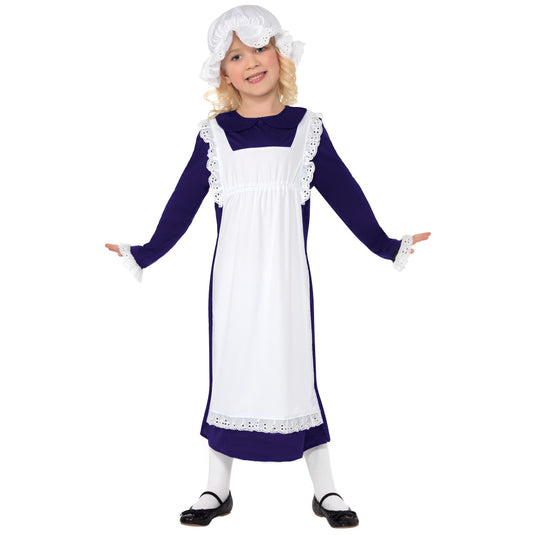 Victorian poor girl costume: white pinafore with lace trim, purple long-sleeve dress, bonnet