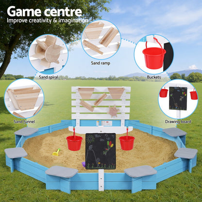 Keezi Kids Sandpit Wooden Round Sand Pit Funnel Bench Seat Beach Toys 215cm