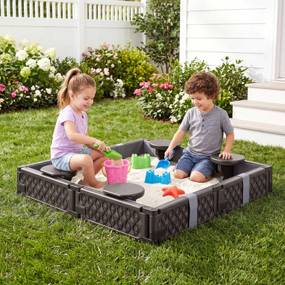 Keezi Kids Sandpit Sandbox With Cover 4 Seats Outdoor Sand Box Brown