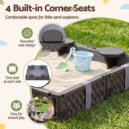 Keezi Kids Sandpit Sandbox With Cover 4 Seats Outdoor Sand Box Brown