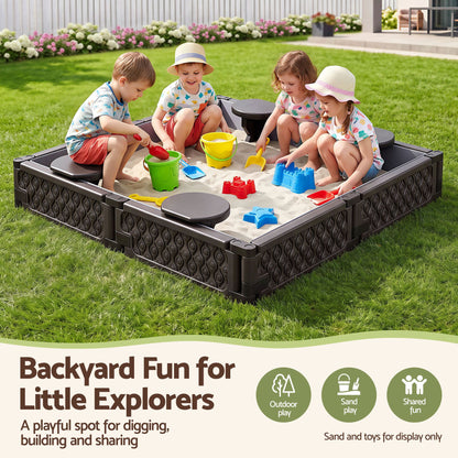 Keezi Kids Sandpit Sandbox With Cover 4 Seats Outdoor Sand Box Brown