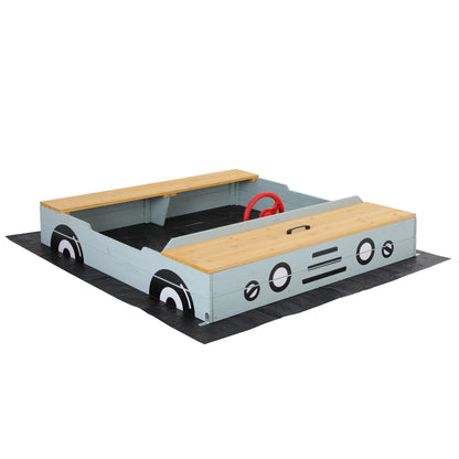 Keezi Wooden Car Sandpit Kids Sandbox Outdoor Play Toy w/ Storage Ground Sheet 120cm